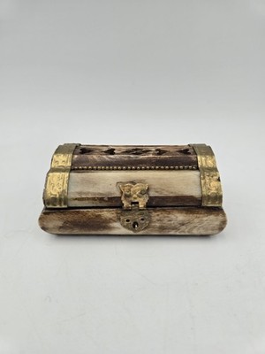 Vintage Camel Bone Trinket Jewelry Box With Brass Accents Velvet Lined