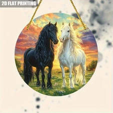 1pc Vintage Horse Painting - Black & White Stallions Sunset Scene Round Metal W