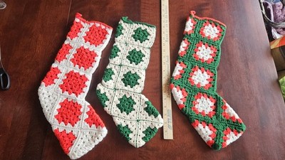 3 Vintage Collectible Handmade Crochet Knit Granny Squares Christmas Stockings