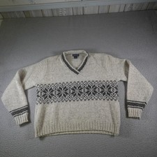 Vintage Lands End Sweater Womens Large Gray Fair Isle Virgin Wool Nordic USA 90s