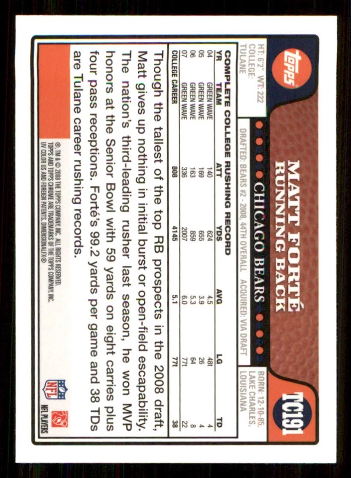 2008 Topps Chrome #TC191 Matt Forte RC - Image 2 of 2