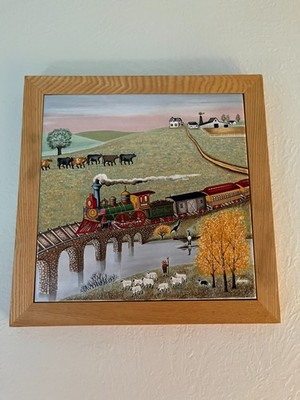 Vtg '82 Lowell Herrero Vandor Japan Tile Trivet Country Farm Scene Train Animals
