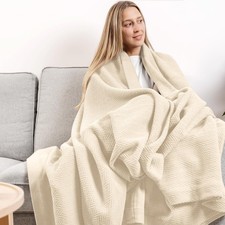 Pure Cotton, Luxury Twin Size Soft Beige Blanket Herringbone Pattern, Lightwe...