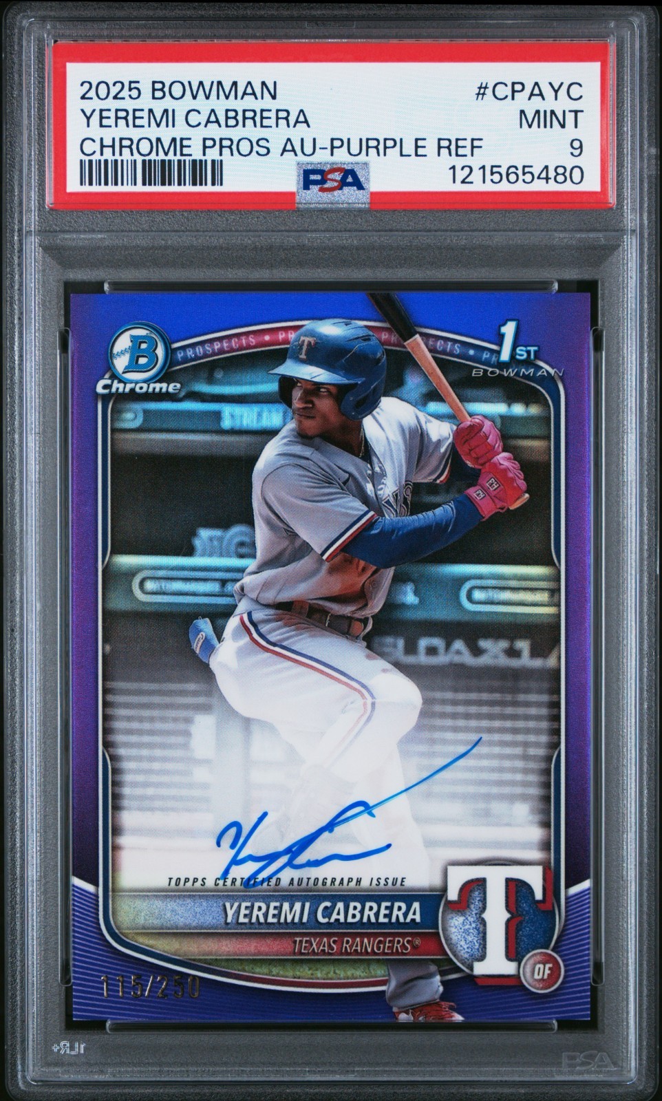 2025 Bowman Chrome Yeremi Cabrera 1st Auto Purple Refractor /250 PSA 9 Texas