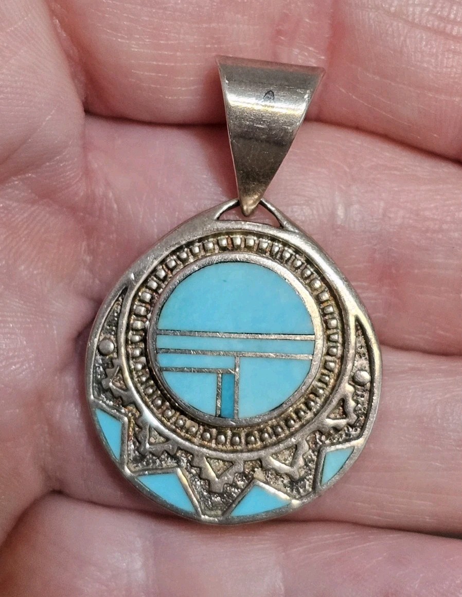Arizona Blue Supersmith Sterling Native American Zuni Inlaid Turquoise Pendant