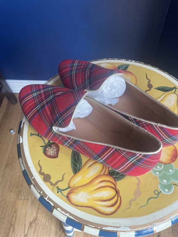 NWB J Crew BL568 Size 7.5M Tartan Plaid Holiday Shoes Loafers Flats Red Black