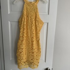 Lulus Yellow Sub Dress Embroidered Sewn Back Zip Above The Knee Simile LARGE