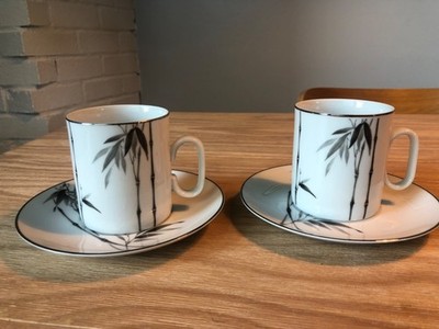 Set of 2 Vintage Sango Japan Black Bamboo Teacups and Saucers