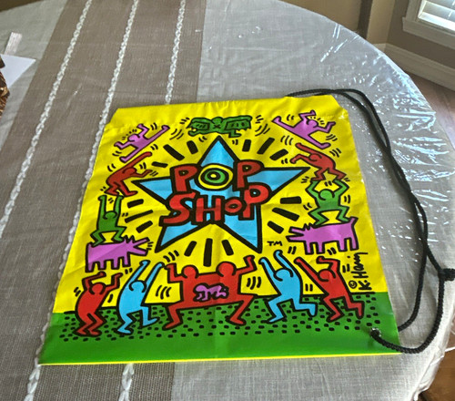 Keith Haring Pop Shop shopping bag. Plastic with draw string attached.