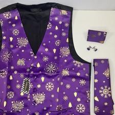 Christmas Men's Suit Vest Tie Set Formal Waistcoat Tuxedo Purple Festive sz L