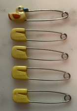 Set of 5 Vintage Diaper Pins -4 Yellow 1 Yellow Duck w/Blue Orange Details