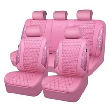 CAR PASS Bling Diamond Pink Leather Car Seat Coverss Full Set Pink Rhinestone