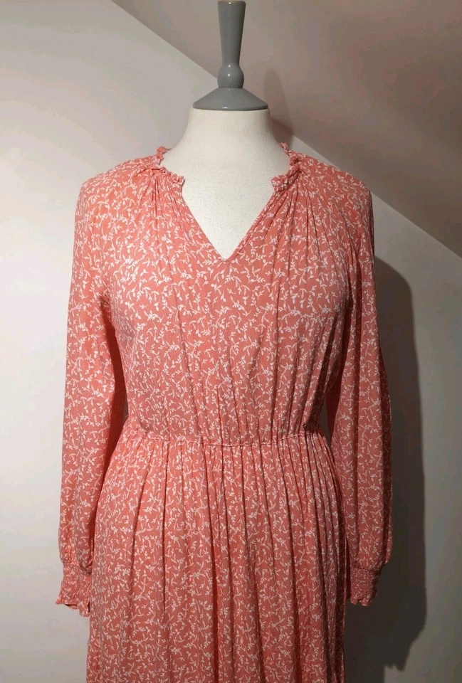 M&S UK 14 Long Midi Dress Coral Pink Floral Long Sleeve V-neck Tiered Pretty  - Image 2 of 4