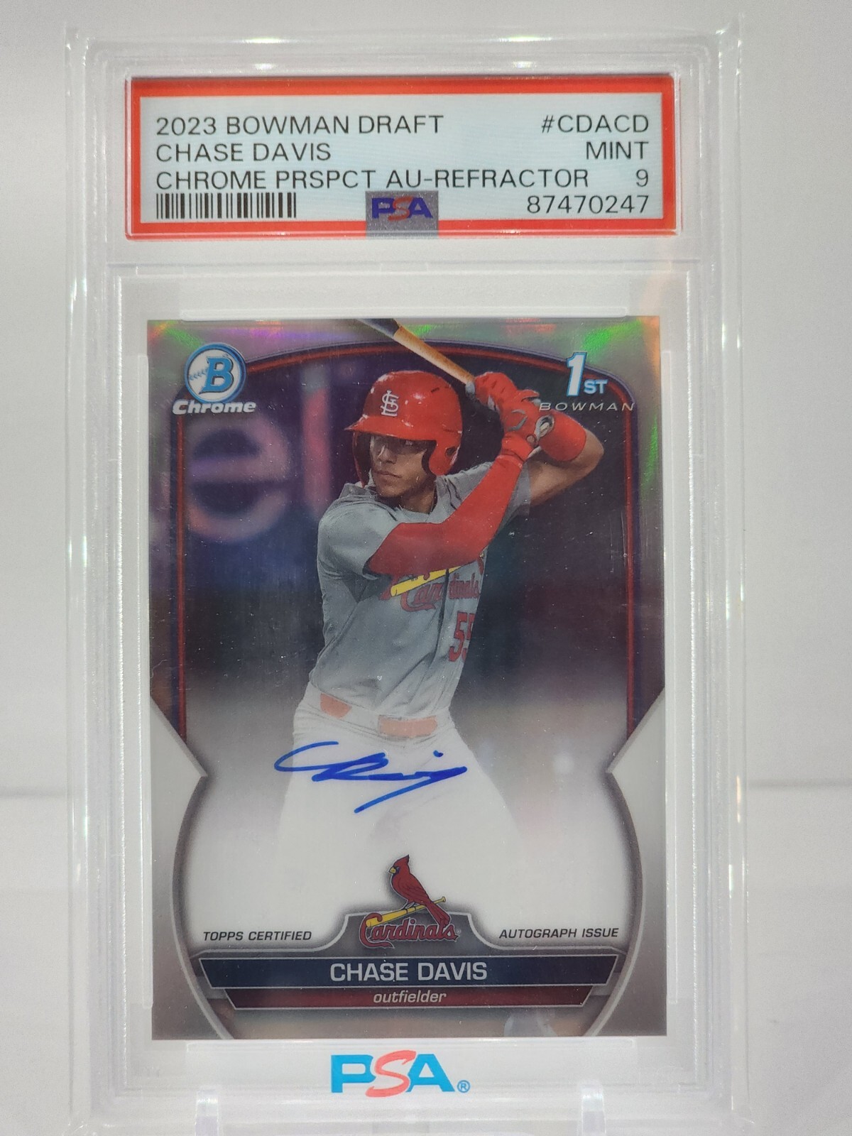 Chase Davis 2023 1st Bowman Chrome Draft Refractor Auto #/499 Cardinals PSA 9
