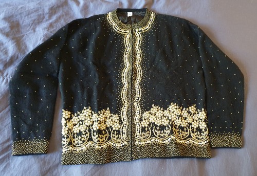 Vintage Ladies fully lined black zip cardigan with heavy gold and pearl beading 