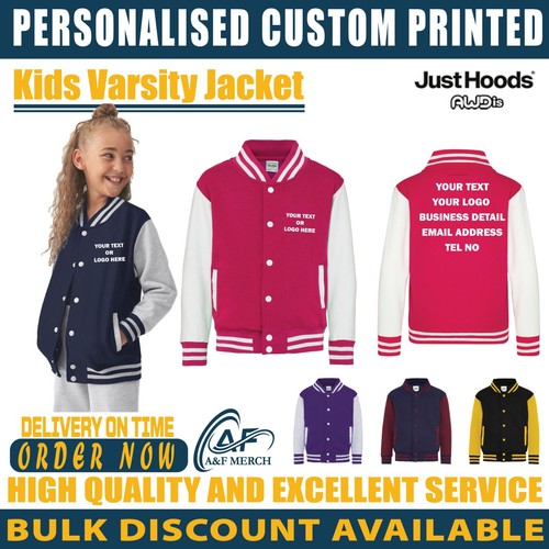 Personalised Custom Just Hoods Awdis Kids Varsity Jacket Baseball School JH43J - Picture 1 of 22