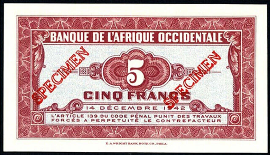 FRENCH WEST AFRICA 1942 5 FRANCS SPECIMEN WWII P#28s2 PCGS GEM NEW 66 - Image 4 of 4