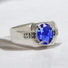 Blue Sapphire Oval Cut Gemstone With 925 Sterling Silver Ring For Men's #834