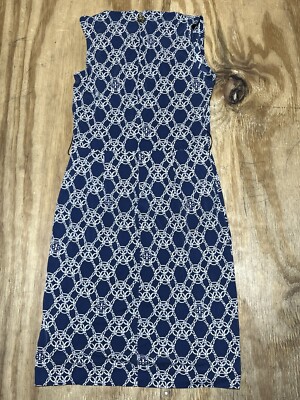 Tory Burch Monogram Silk V-Neck Sleeveless Navy Blue Dress Women XS @H8