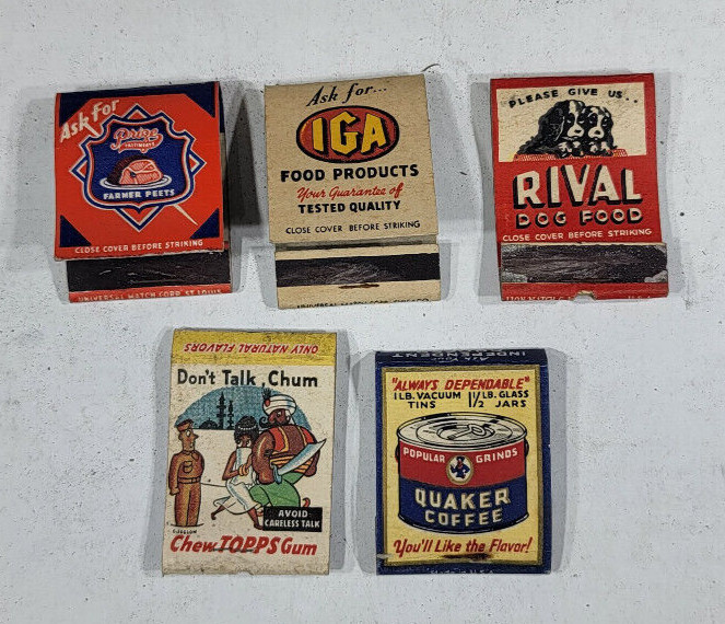 Lot of 5 Vintage Matchbook Covers 30-40ish Food, topps, dog food, quaker, iga