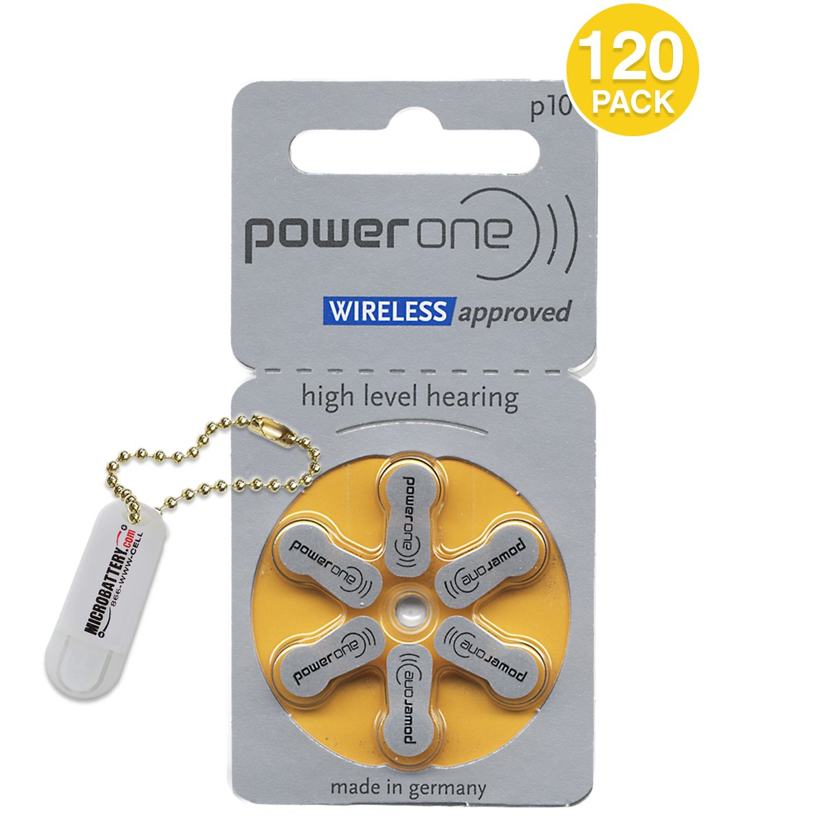 Power one MF Hearing Aid Batteries Size 10 PR70 (120 Pack) + Battery Keychain