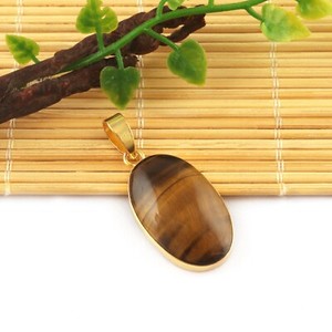 Authentic Jewelry Pendant Yellow Gold Plated Brown Tiger's Eye Gemstone For Women