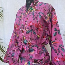 Indian Pink Bird Printed Cotton Robe Long Kimono Sleepwear Night Suit Kimono US