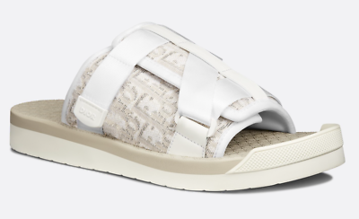 Dior Men Alpha Sandal White Beige Oblique Jacquard Logo Flat Slide
