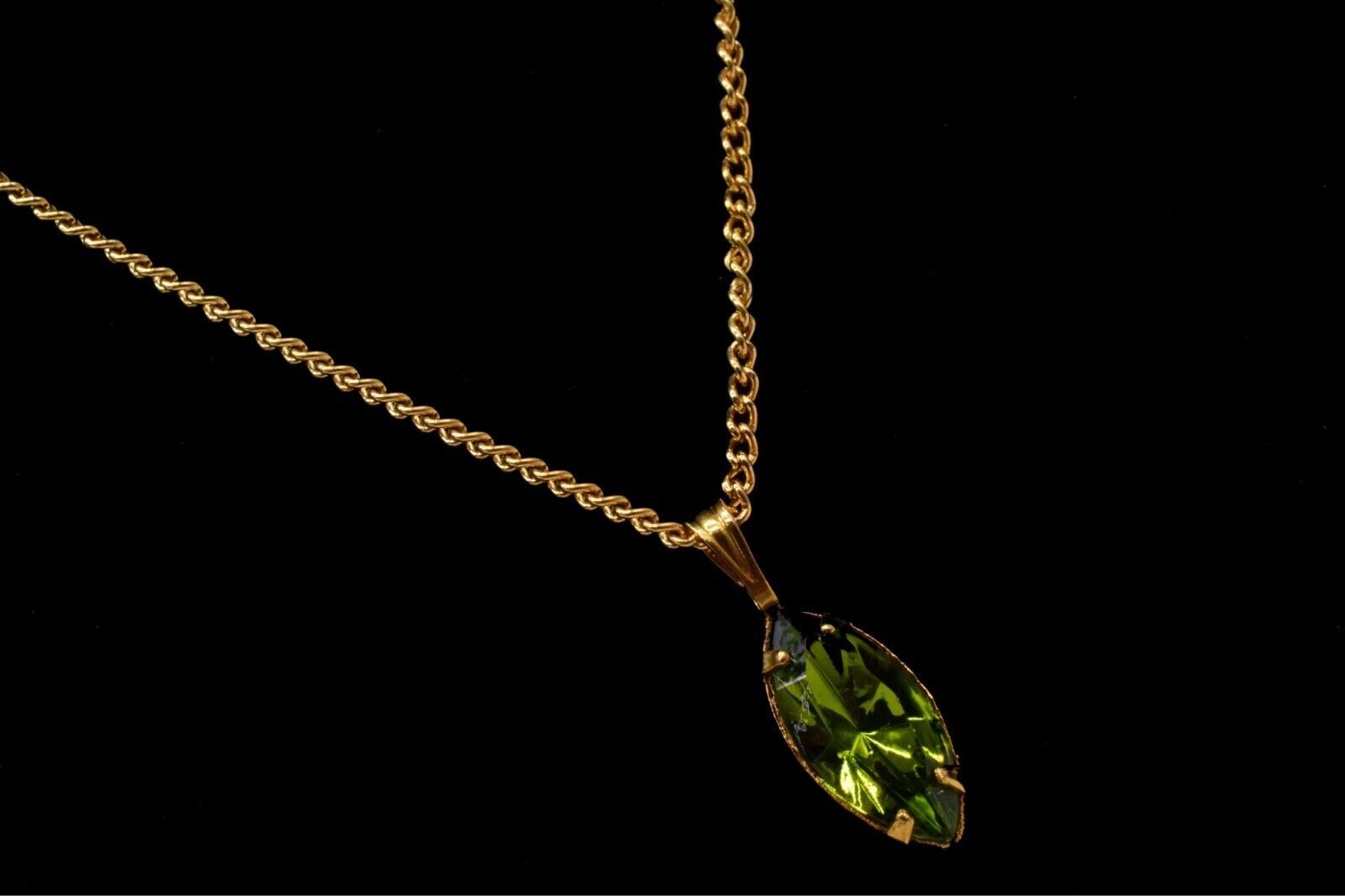 Green Charm Marquise-Cut Pendant on 16-Inch Gold Chain Necklace
