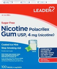 Leader Nicotine Gum Stop Smoking Aid Coated Ice Mint Sugar Free 100 Ct