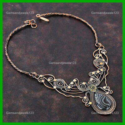 Natural Psilomelane Wire Wrapped Flower Chain Artisan Necklace Jewelry Copper