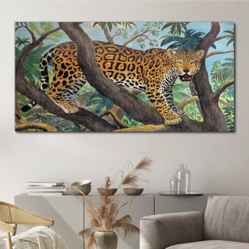 Gemälde Dschungel Bäume Tier Katze Leopard 140x70 Canvas Wandbild Leinwand - Bild 1 von 11