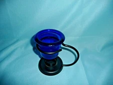 Cobalt Blue Glass Candle Holder Cup Black Metal Stand Holder Vintage 5 inch