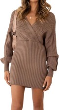 NEW KHAKI SIZE SMALL CABLED SWEATER DRESS SLOUCH LONG SLEEVES SOFT V NECK