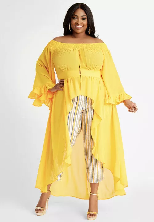 ASHLEY STEWART Off Shoulder Plus Size Duster Top Yellow 18-20 NWT