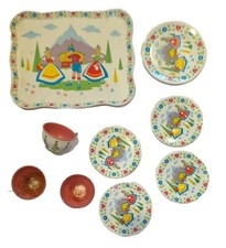 Vintage Kids Tin Playset 3 Cups 5 Plates 1 Tray Dutch Swiss Miss Holland