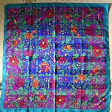 Berkshire Scarf 30" Sq Colorful Aqua Purple Flowers Scrolling Vine Italy Vintage