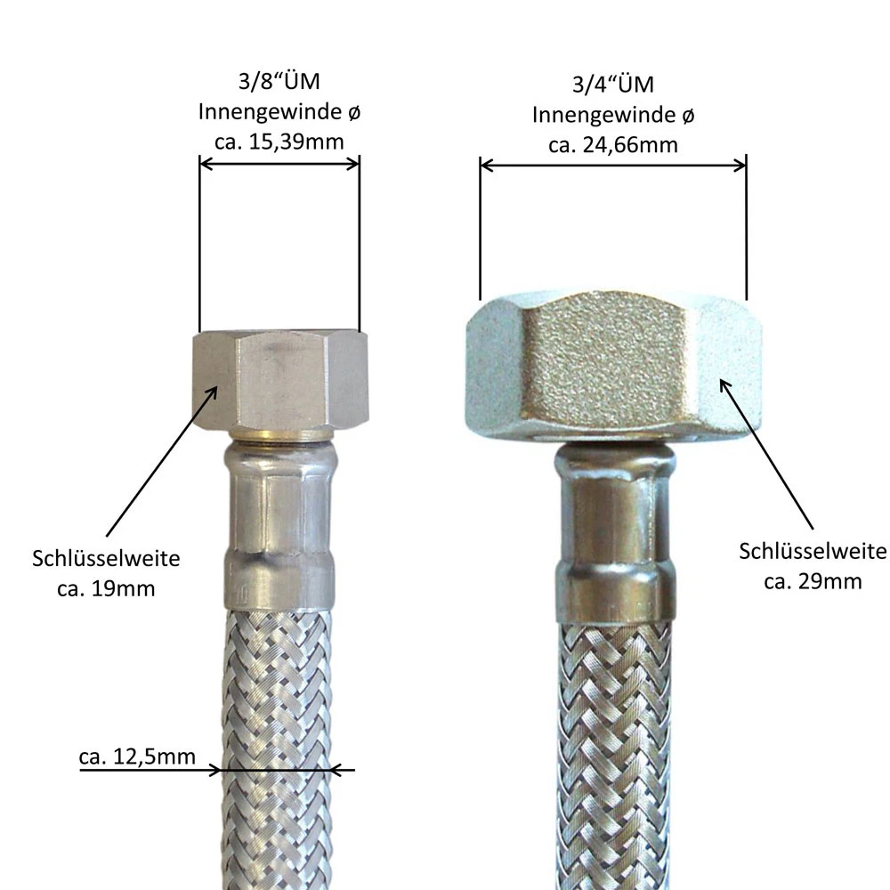 Panzerschlauch 3/8 ÜM x 3/4 ÜM Bogen, Flexschlauch DN8 Sanitär  Trinkwasser, 20cm - 2m