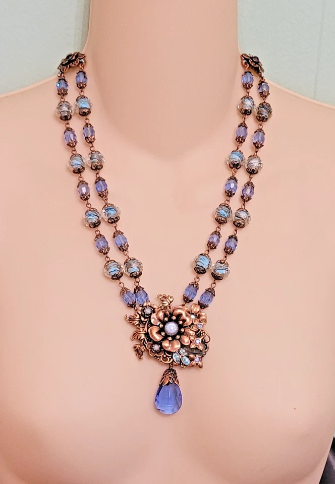 Sweet Romance N5985 蓝色和铜花卉灯饰玻璃项链 ~ 21 — 第 3/4 张图片