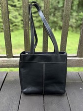 Black Genuine Leather Tote Shoulder Bag Contrast Stitch Minimalist 10x10