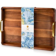 Acacia Wood Serving Tray with Metal Handles 17x12In Food Drinks Tray for Coff...