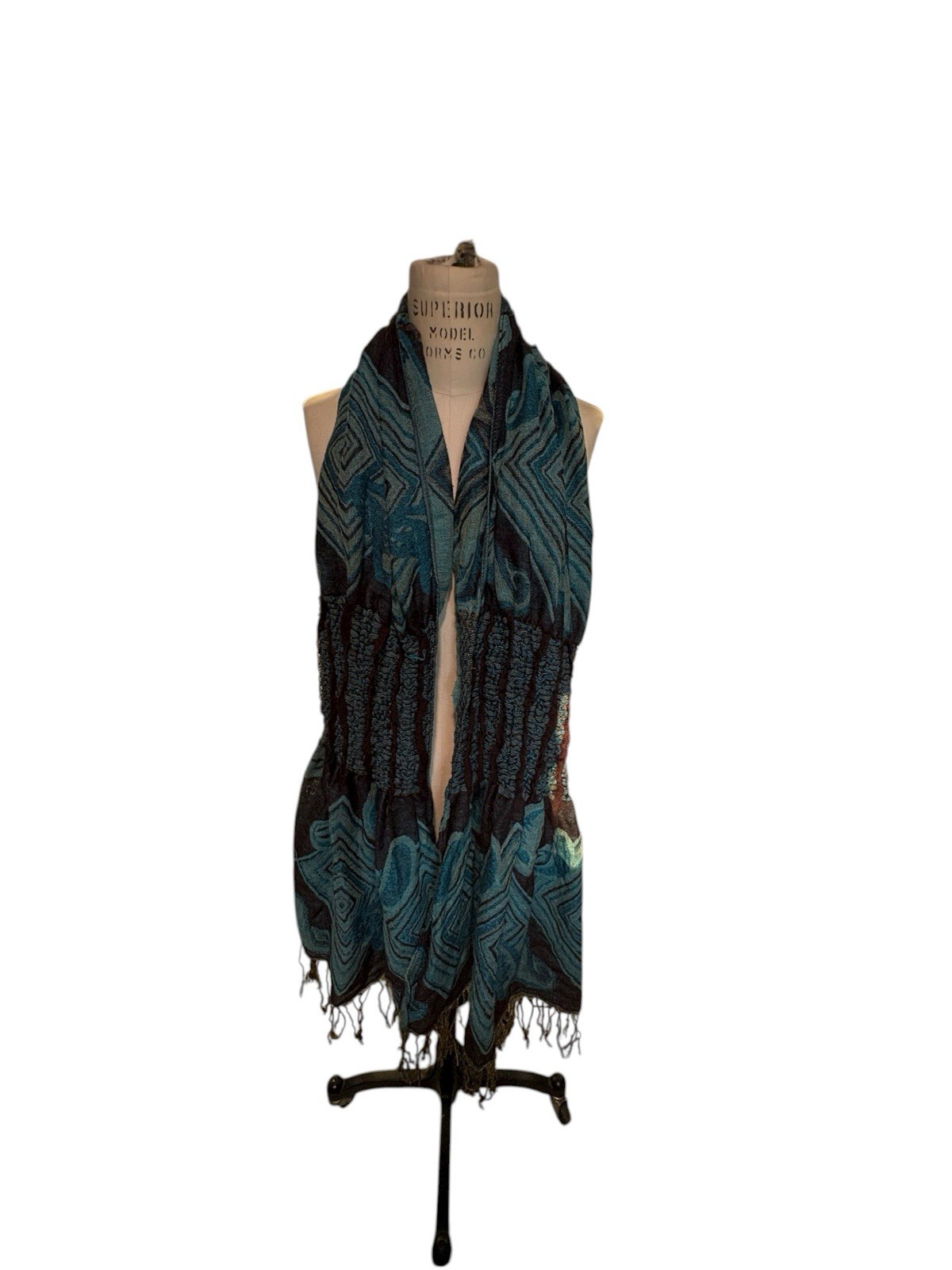 Boho Pashmina Geometric Scarf Teal Brown Lightweight Crinkle Wrap with Fringe