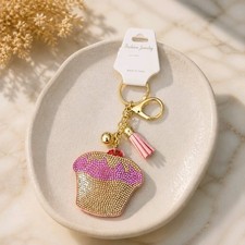Sparkly Rhinestone Cupcake Keychain Purse Charm Gold Tone Pink Tassel Bling Gift