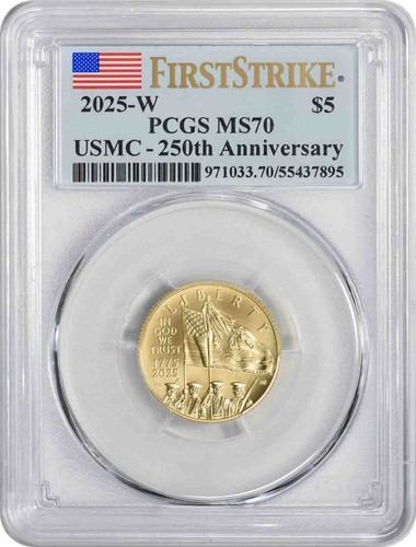 2025-W U.S. Marine Corps USMC 250th Anniversary $5 Gold MS70 FS PCGS