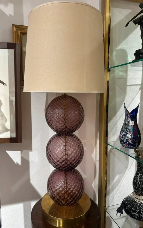 Grande Lampada Tavolo Vetro Murano Balloton Viola 3 Sfere H 96cm Modernariato