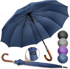Large Stick Umbrella With Wood Hook Handle 55 Inch, Automatic Open Classic Golf