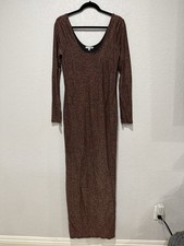 Fashion Nova Maddie Metallic Glitter Maxi Dress Mauve XL Long Sleeve Scoop Neck