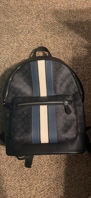 Coach Men/women Medium Logo Stripe Backpack Black Blue White Adjustable Strap
