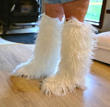 Women s White Faux Fur Bootie Slippers Pull On Closed Toe Rubber Sole 14.5