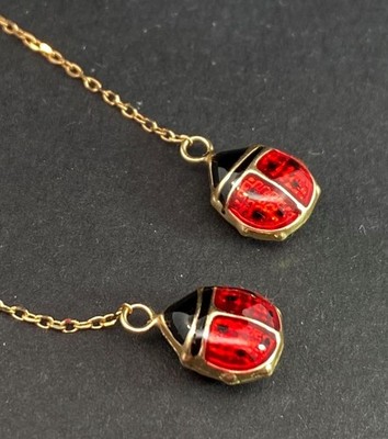 14k Yellow Gold Enamel 3D Lady Bug Earrings Chain Post E25